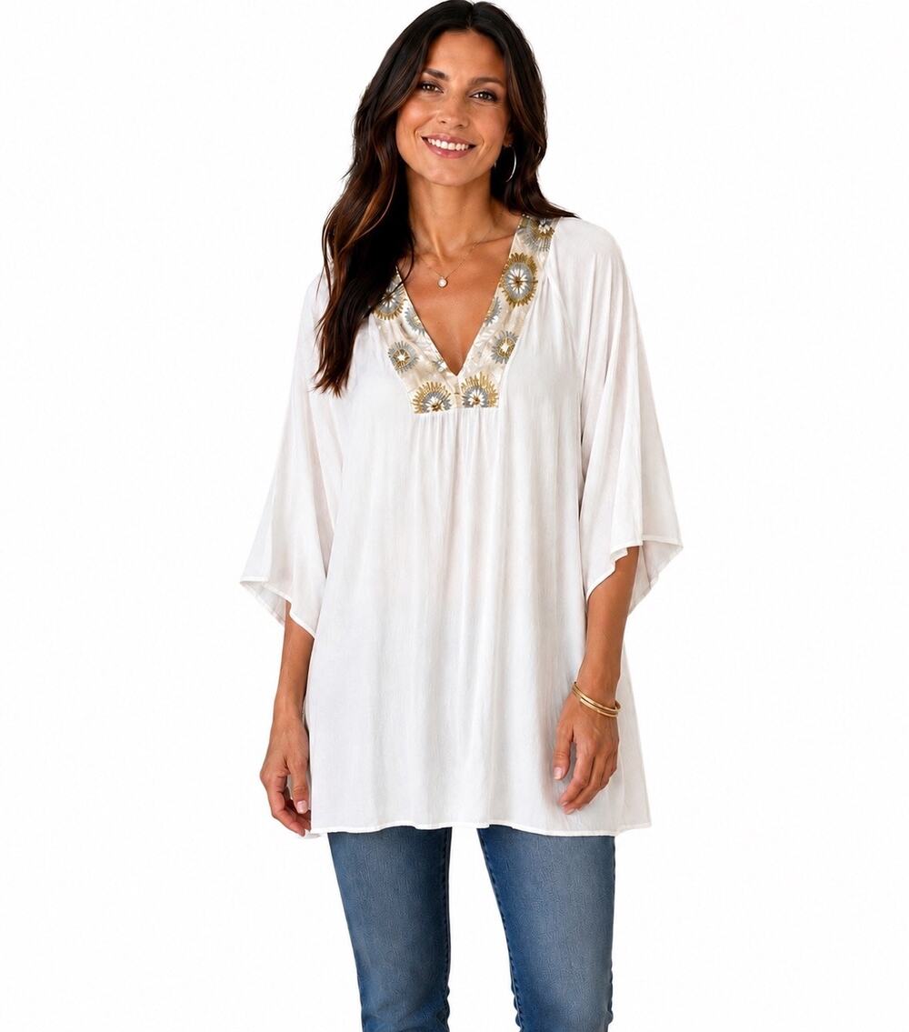 Tamara Catz Maui mbroidered Tunic Top XS White Gold Boho Flutter Sleeve Blouse